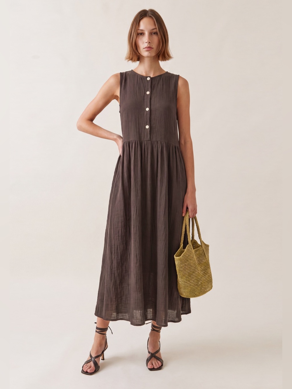 CAARA Eileen Brown Cotton Gauze Midi Dress – Size S NWT